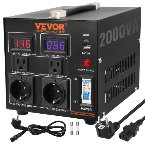 Transformateur de convertisseur de tension VEVOR 2000&nbsp;W, transformateur haut/bas haut robuste, conversion de 110 V à 220 V et de 220 V à 110 V,