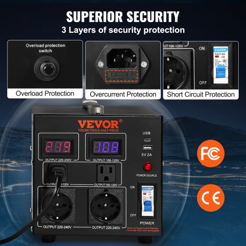 Transformateur de convertisseur de tension VEVOR 2000&nbsp;W, transformateur haut/bas haut robuste, conversion de 110 V à 220 V et de 220 V à 110 V,