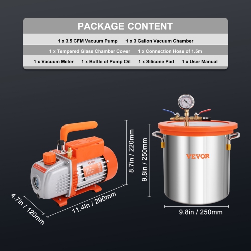 VEVOR 3 Gallon Vacuum Chamber and 3.5 CFM Pump Kit, Tempered Glass Lid Vacuum Degassing Chamber Kit, Single Stage Vacuum Pump with 250 ml Oil Bottle,