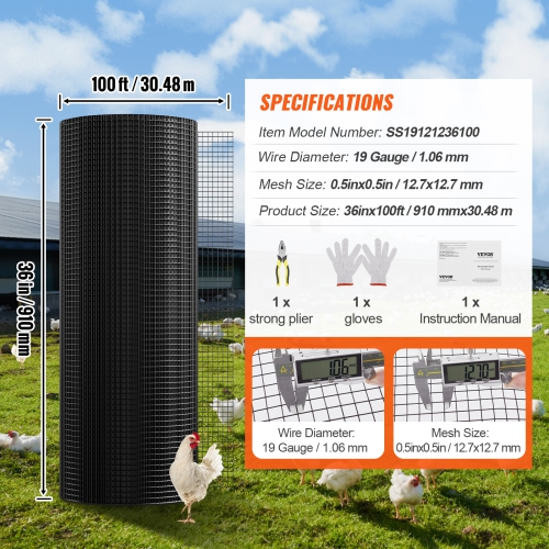 VEVOR 36'' x 100' Hardware Cloth, Galvanized Wire Mesh Roll, 19 Gauge Chicken Wire Fence Roll, Vinyl Coating Metal Wire Mesh for Chicken Coop