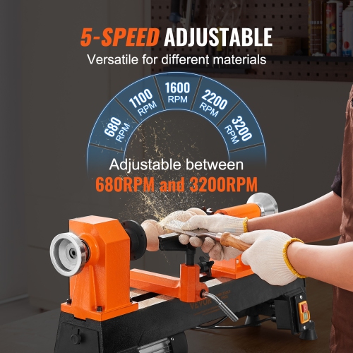 VEVOR 10x18 inchesTabletop Wood Lathe, Dimensions, Motor Strength 0.5 HP 370W, Offers Wood Crafting with 5 Adjustable Speeds ranging from 780 to 3840