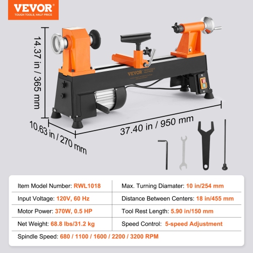 VEVOR 10x18 inchesTabletop Wood Lathe, Dimensions, Motor Strength 0.5 HP 370W, Offers Wood Crafting with 5 Adjustable Speeds ranging from 780 to 3840