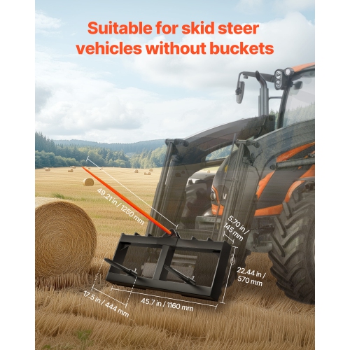 VEVOR 49" Hay Spear, Bale Spears 1600lbs Loading Capacity, Skid Steer Loader Tractor Attachment with 2pcs 17.5" Stabilizer Spears, Quick Attach Spike