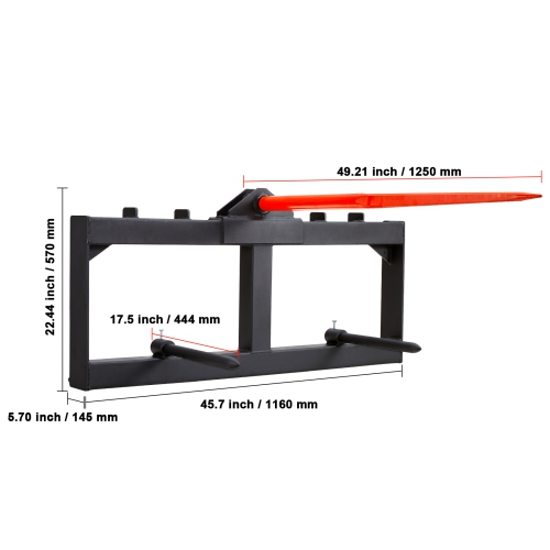 VEVOR 49" Hay Spear, Bale Spears 1600lbs Loading Capacity, Skid Steer Loader Tractor Attachment with 2pcs 17.5" Stabilizer Spears, Quick Attach Spike