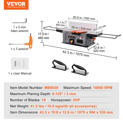 VEVOR 8-Inch Benchtop Spiral Jointer, 2HP with 10000 RPM, Featuring an 18-Blade Spiral Cutterhead, Extendable Arm to 6.5'', and a 8x42.3'' Worktable