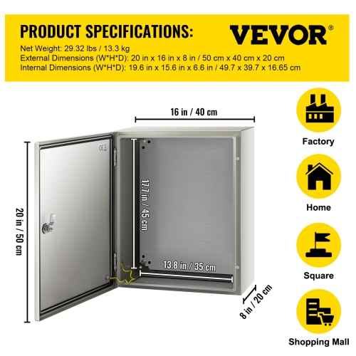 VEVOR 20x16x8'' NEMA Steel Case, NEMA 4X Metal Electric Enclosure, IP66 Water & Dust Resistant, Suitable for Both Outdoor & Indoor Use, Includes