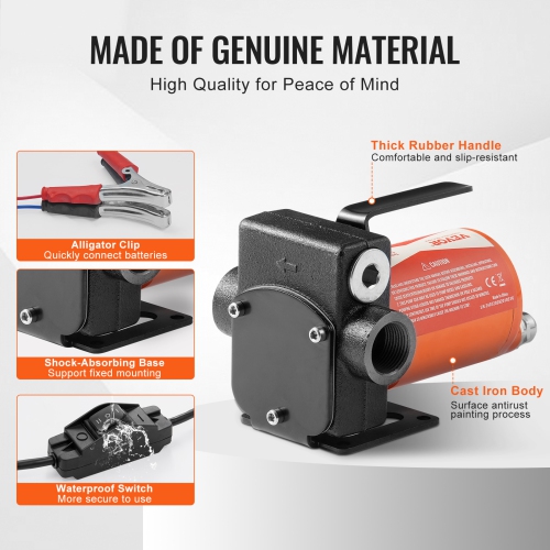 VEVOR 1/10 HP Fuel Transfer Pump, 12V DC 5 GPM , Portable Electric Diesel Transfer Pump with Auto Shut-Off Fuel Nozzle, Long Inlet & Outlet Hose for