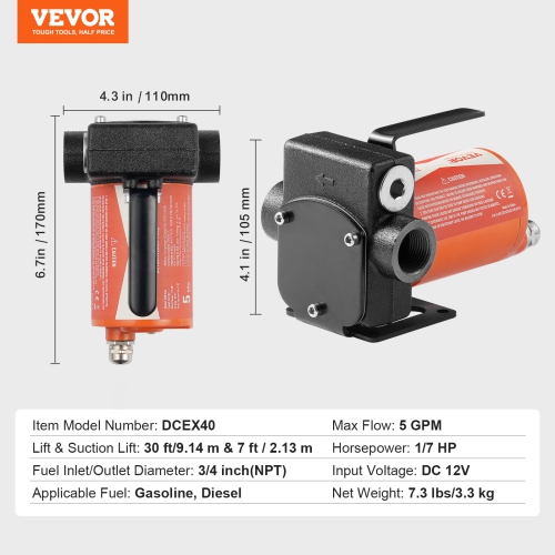 VEVOR 1/10 HP Fuel Transfer Pump, 12V DC 5 GPM , Portable Electric Diesel Transfer Pump with Auto Shut-Off Fuel Nozzle, Long Inlet & Outlet Hose for