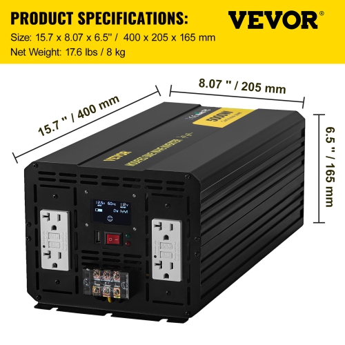 VEVOR 5000W Power Inverter, Modified Sine Wave Inverter, DC 12V to AC 110V Car Converter, with LCD Display, Remote Controller, LED Indicator, GFCI