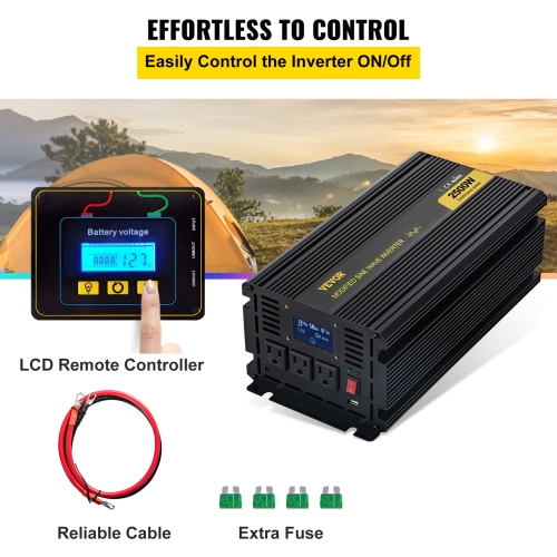 VEVOR 2500W Power Inverter, Modified Sine Wave Inverter, DC 12V to AC 120V Car Converter, with LCD Display, Remote Controller, LED Indicator, AC