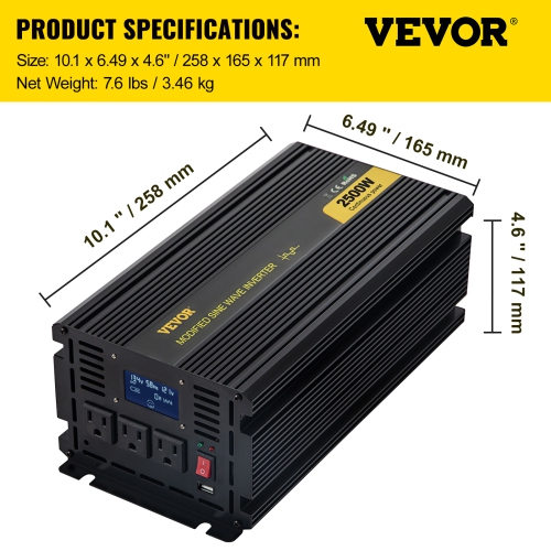 VEVOR 2500W Power Inverter, Modified Sine Wave Inverter, DC 12V to AC 120V Car Converter, with LCD Display, Remote Controller, LED Indicator, AC
