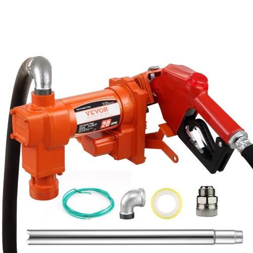 VEVOR  1/4 HP Fuel Transfer Pump, 12V Dc 20 Gpm, Gasoline Extractor Pump w Automatic Nozzle, Discharge Hose & Suction Pipe for Gasoline, Kerosene