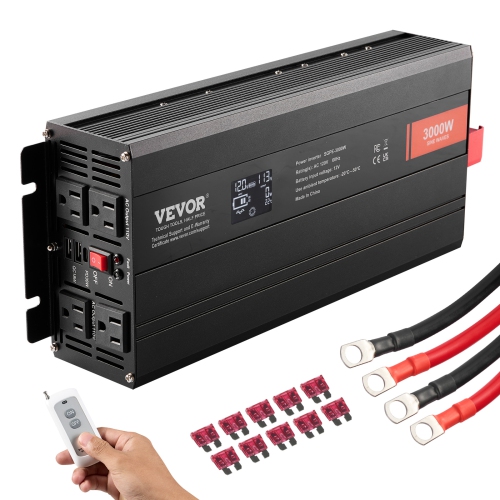 Onduleur à onde sinusoïdale pure de 3000 W de VEVOR, onduleur 12&nbsp;V c.c. à 120&nbsp;V c.a. avec 2 prises c.a., 2 port USB 1 de type C, écran LCD