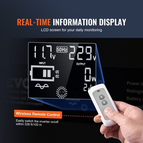 Onduleur à onde sinusoïdale pure de 3000 W de VEVOR, onduleur 12&nbsp;V c.c. à 120&nbsp;V c.a. avec 2 prises c.a., 2 port USB 1 de type C, écran LCD