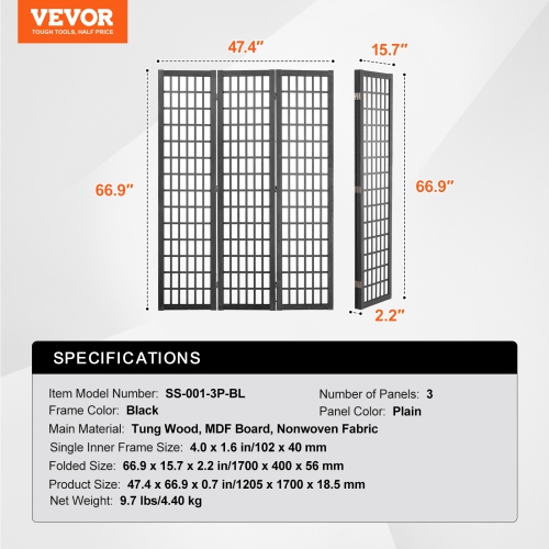 VEVOR 3 Panel Room Divider, Japanese Room Divider, Wood Folding Privacy Screen Indoor, Japanese Partition Dividers Portable Decoration Screens, for