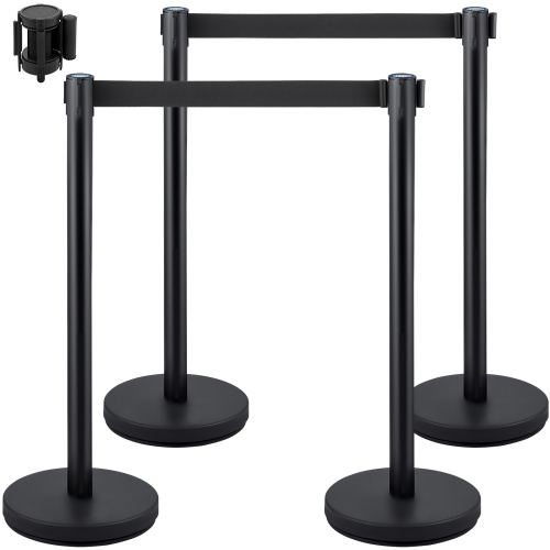 VEVOR 4 Pieces Crowd Control Stanchion, Stanchion Set, Stanchion Set with 6.6 ft/2 m Black Retractable Belt, Black Crowd Control Barrier with