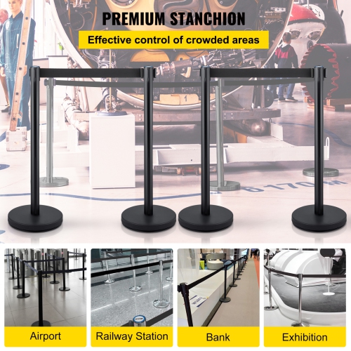 VEVOR 4 Pieces Crowd Control Stanchion, Stanchion Set, Stanchion Set with 6.6 ft/2 m Black Retractable Belt, Black Crowd Control Barrier with