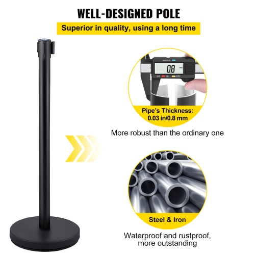 VEVOR 4 Pieces Crowd Control Stanchion, Stanchion Set, Stanchion Set with 6.6 ft/2 m Black Retractable Belt, Black Crowd Control Barrier with