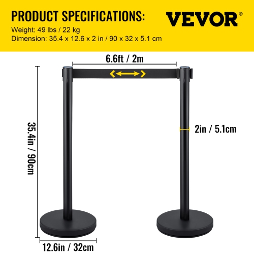 VEVOR 4 Pieces Crowd Control Stanchion, Stanchion Set, Stanchion Set with 6.6 ft/2 m Black Retractable Belt, Black Crowd Control Barrier with