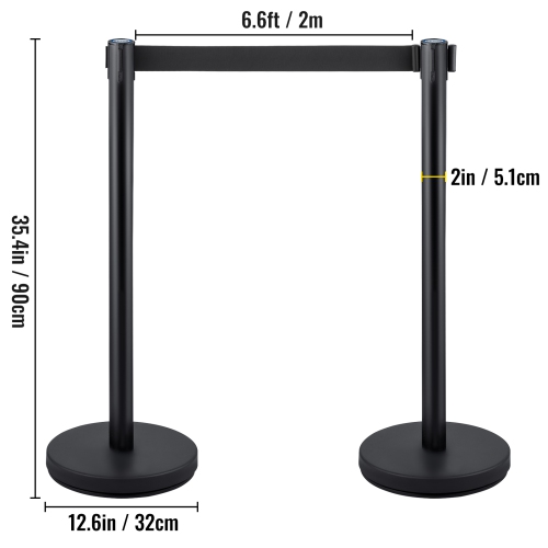 VEVOR 4 Pieces Crowd Control Stanchion, Stanchion Set, Stanchion Set with 6.6 ft/2 m Black Retractable Belt, Black Crowd Control Barrier with