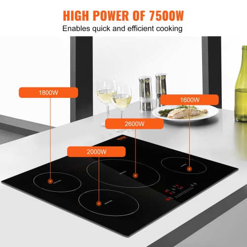 VEVOR Electric Cooktop, 4 Burners, 30'' Induction Stove Top, Built-in Magnetic Cooktop 7500W, 9 Heating Level Multifunctional Burner, LED Touch