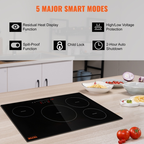 VEVOR Electric Cooktop, 4 Burners, 30'' Induction Stove Top, Built-in Magnetic Cooktop 7500W, 9 Heating Level Multifunctional Burner, LED Touch