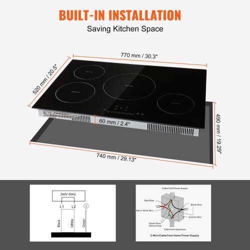 VEVOR Electric Cooktop, 4 Burners, 30'' Induction Stove Top, Built-in Magnetic Cooktop 7500W, 9 Heating Level Multifunctional Burner, LED Touch