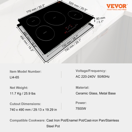 VEVOR Electric Cooktop, 4 Burners, 30'' Induction Stove Top, Built-in Magnetic Cooktop 7500W, 9 Heating Level Multifunctional Burner, LED Touch