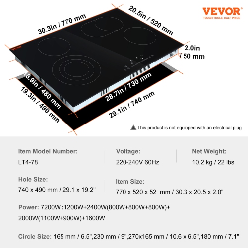 VEVOR 30.3 x 20.5 inch Built in Electric Stove Top, 4 Burners, 240V Glass Radiant Cooktop with Sensor Touch Control, Timer & Child Lock Included, 9
