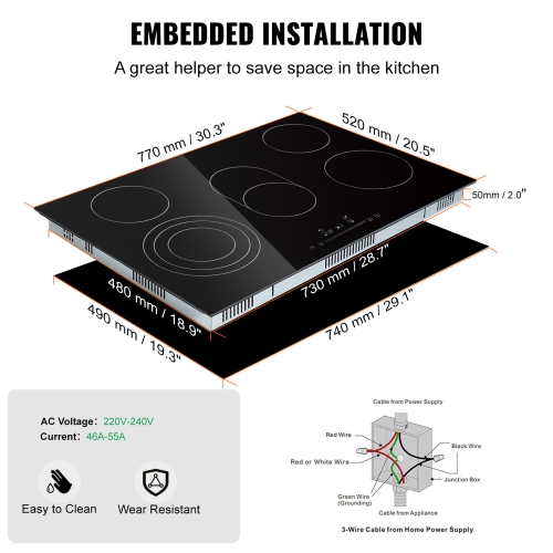 VEVOR 30.3 x 20.5 inch Built in Electric Stove Top, 5 Burners, 240V Glass Radiant Cooktop with Sensor Touch Control, Timer & Child Lock Included, 9