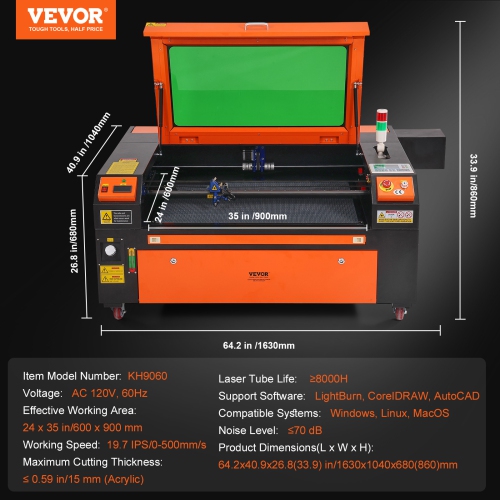 Graveur laser au CO2 VEVOR 100&nbsp;W, 24 x 35&nbsp;po, 19,7 pps, découpeur laser avec assistance à 2 voies, compatible avec LightBurn, CorelDRAW,