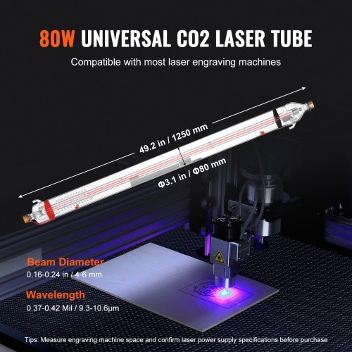 VEVOR 90W CO2 Laser Tube, 49.2 in Length, 3.1 in (80 mm) Dia Borosilicate Glass Laser Cutter Tube with Metal Head,10,000hr Wires Preconnected for