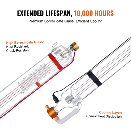 VEVOR 90W CO2 Laser Tube, 49.2 in Length, 3.1 in (80 mm) Dia Borosilicate Glass Laser Cutter Tube with Metal Head,10,000hr Wires Preconnected for
