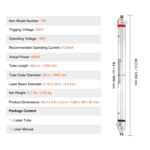 VEVOR 90W CO2 Laser Tube, 49.2 in Length, 3.1 in (80 mm) Dia Borosilicate Glass Laser Cutter Tube with Metal Head,10,000hr Wires Preconnected for