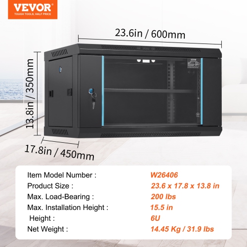 VEVOR 6U Wall Mount Network Server Cabinet, 15.5'' Deep,Server Rack Cabinet Enclosure, 200 lbs Max. Ground-mounted Load Capacity,with Locking Glass