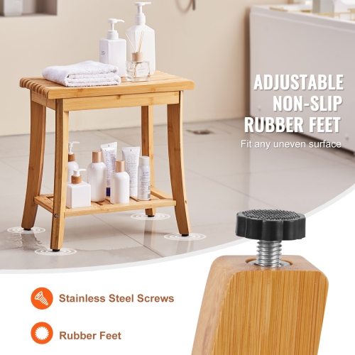 Banc de douche en bambou VEVOR 19,1x11,3x18,3&nbsp;po, chaise de bar de douche étanche avec tablette de rangement, organisateur de siège de bain de