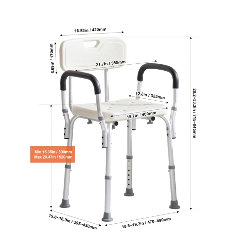 VEVOR Shower Chair, Shower Seat with Back, Adjustable Height Shower Stool, Shower Chair for Inside Shower, Non-slip Bathroom Bench Bath Chair for