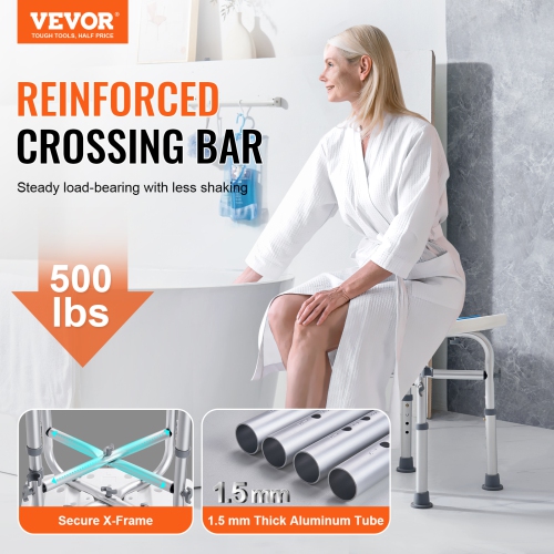 VEVOR 500 lbs Shower Chair for Inside Shower, Adjustable Height Shower Stool with Crossbar Support, Shower Seat for Shower Tub, Non-Slip Bench