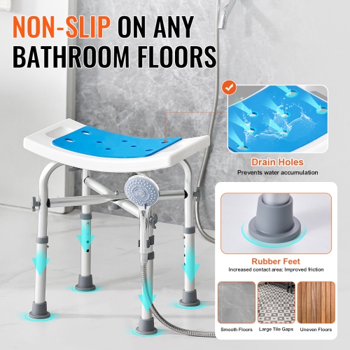 VEVOR 500 lbs Shower Chair for Inside Shower, Adjustable Height Shower Stool with Crossbar Support, Shower Seat for Shower Tub, Non-Slip Bench