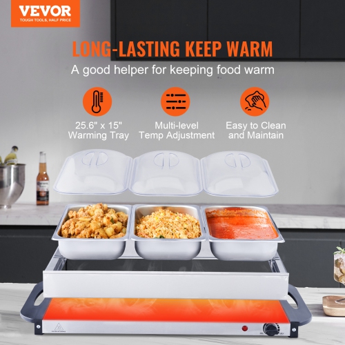 VEVOR 25.6" x 15" Electric Buffet Server & Food Warmer, Portable Stainless Steel Chafing Dish Set with Temp Control & Oven-Safe Pan, Perfect for