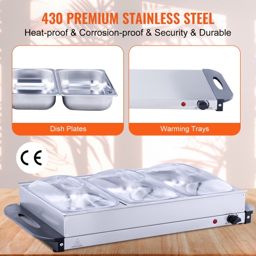 VEVOR 25.6" x 15" Electric Buffet Server & Food Warmer, Portable Stainless Steel Chafing Dish Set with Temp Control & Oven-Safe Pan, Perfect for