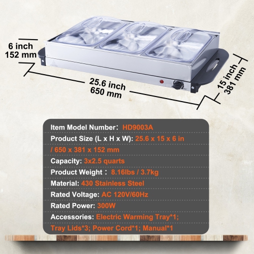 VEVOR 25.6" x 15" Electric Buffet Server & Food Warmer, Portable Stainless Steel Chafing Dish Set with Temp Control & Oven-Safe Pan, Perfect for
