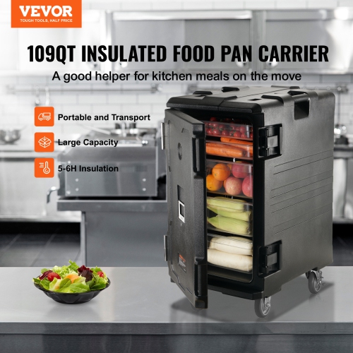 VEVOR Insulated Food Pan Carrier, 109 Qt Hot Box for Catering, LLDPE Food Box Carrier with Double Buckles, Front Loading Food Warmer with Handles,