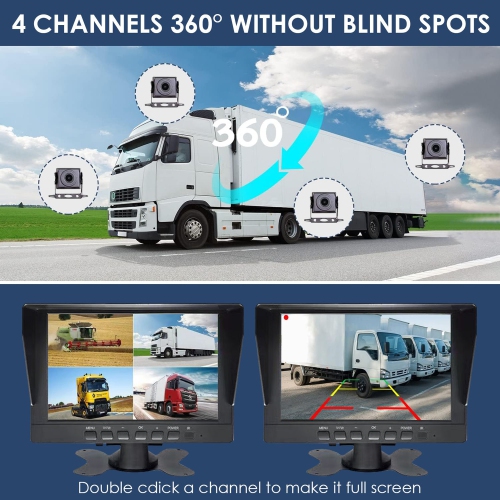 Enregistreur de conduite de voiture de 10,1-pouces, 360 Surveillance à quatre voies Vue panoramique adaptée aux camions, véhicules agricoles