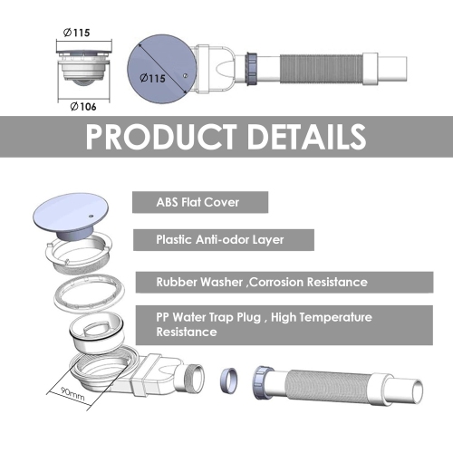 Shower drain 90 mm, extra flat, drain hole for shower tray, siphon with anti-odor system, hair