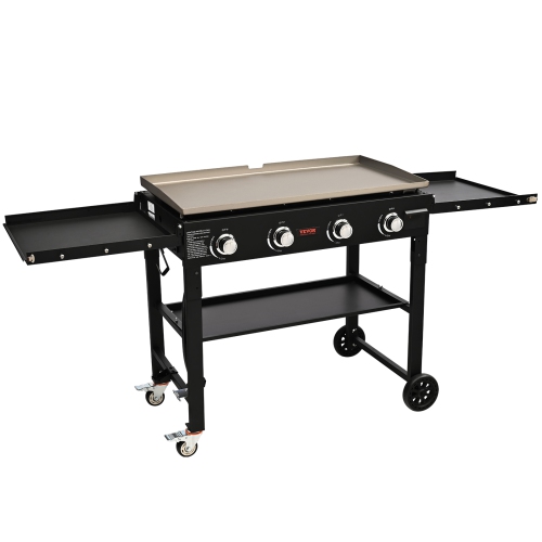 VEVOR 36" Commercial Griddle on Cart, Heavy Duty Manual Flat Top Griddle, Outdoor Cooking Station with Side Shelves, Steel Natural Gas Griddle,