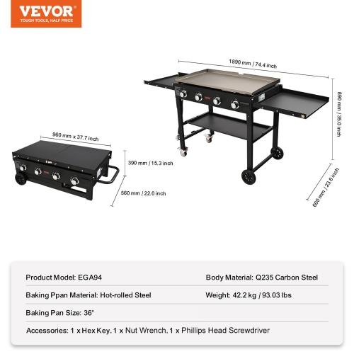 VEVOR 36" Commercial Griddle on Cart, Heavy Duty Manual Flat Top Griddle, Outdoor Cooking Station with Side Shelves, Steel Natural Gas Griddle,