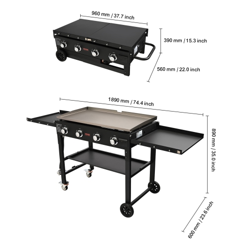 VEVOR 36" Commercial Griddle on Cart, Heavy Duty Manual Flat Top Griddle, Outdoor Cooking Station with Side Shelves, Steel Natural Gas Griddle,