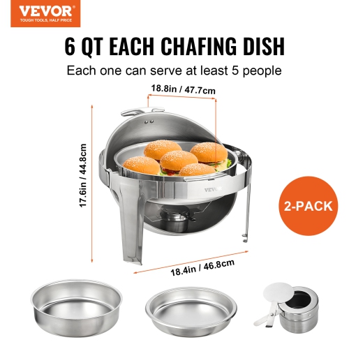 VEVOR 6 Qt 2 Pack Roll Top Chafing Dish Buffet Set, Stainless Steel Chafer with 2 Full Size Pans, Round Catering Warmer Server with Lid Water Pan