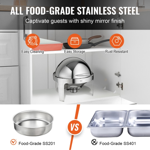 VEVOR 6 Qt 2 Pack Roll Top Chafing Dish Buffet Set, Stainless Steel Chafer with 2 Full Size Pans, Round Catering Warmer Server with Lid Water Pan
